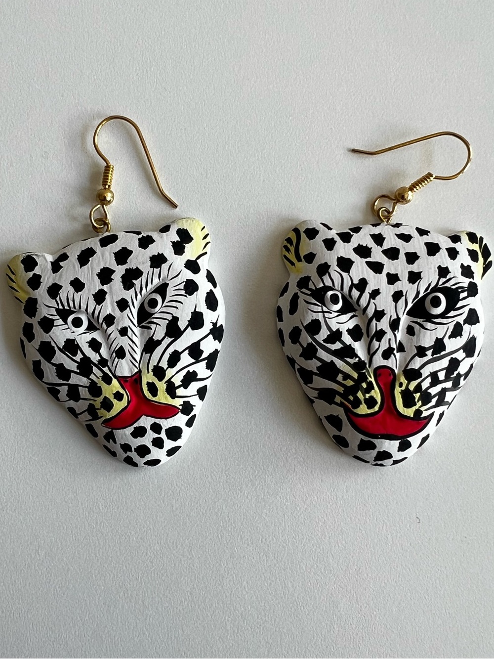 Handmade Carved Leopard Face Statement Earrings Maximalist Boho Whimsical New